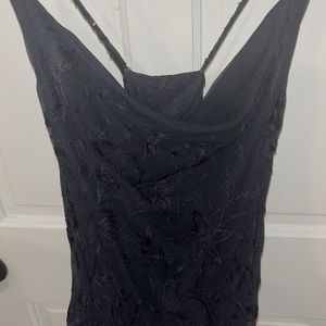 Navy Blue Cowl Neck Maxi Dress Embroidered Beaded Anopia Collezioni 100% Silk